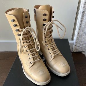 Chanel CC Combat Boots Lambskin Beige size 37/7